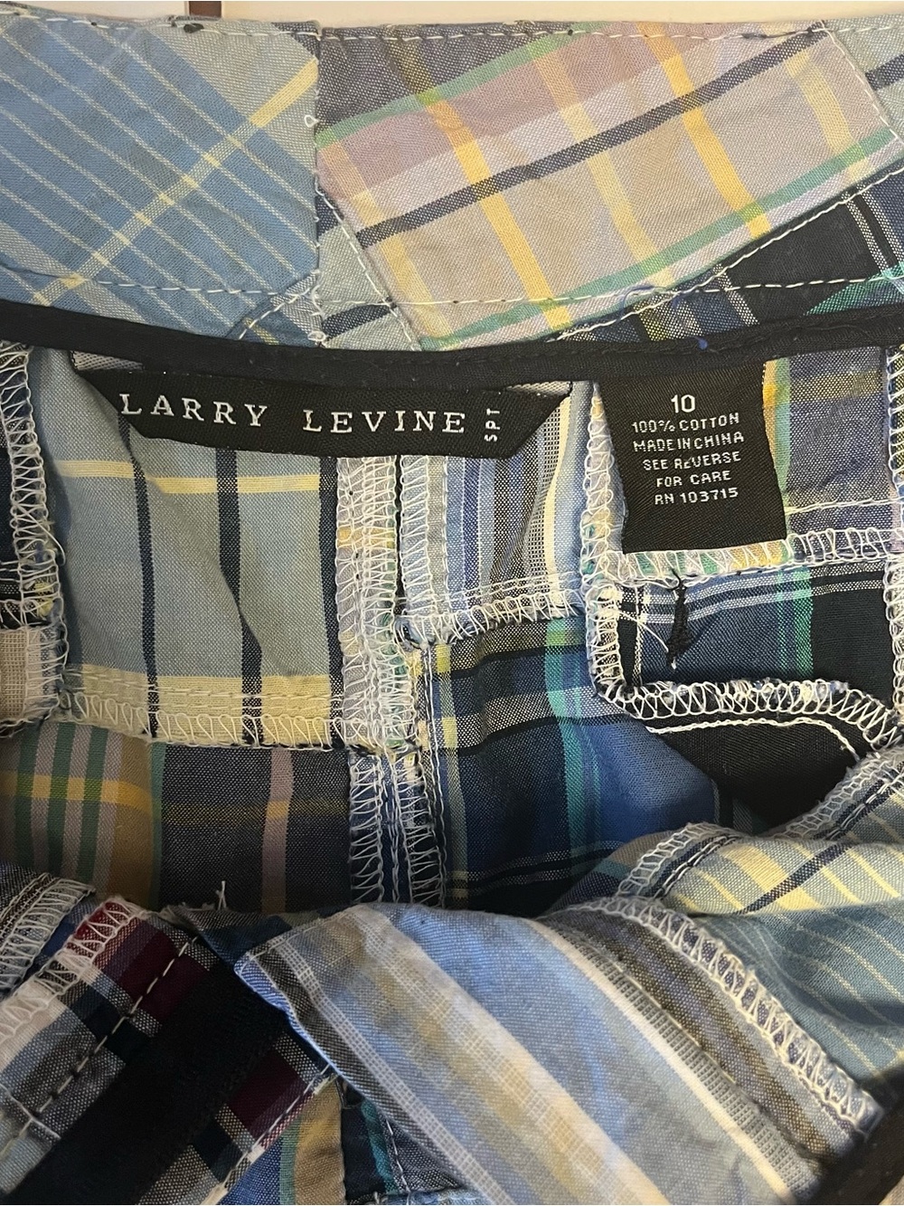 Vintage Y2K Larry Levine Preppy Mini Skirt Madras Blue Plaid Patchwork Cotton 10 - Picture 9 of 13